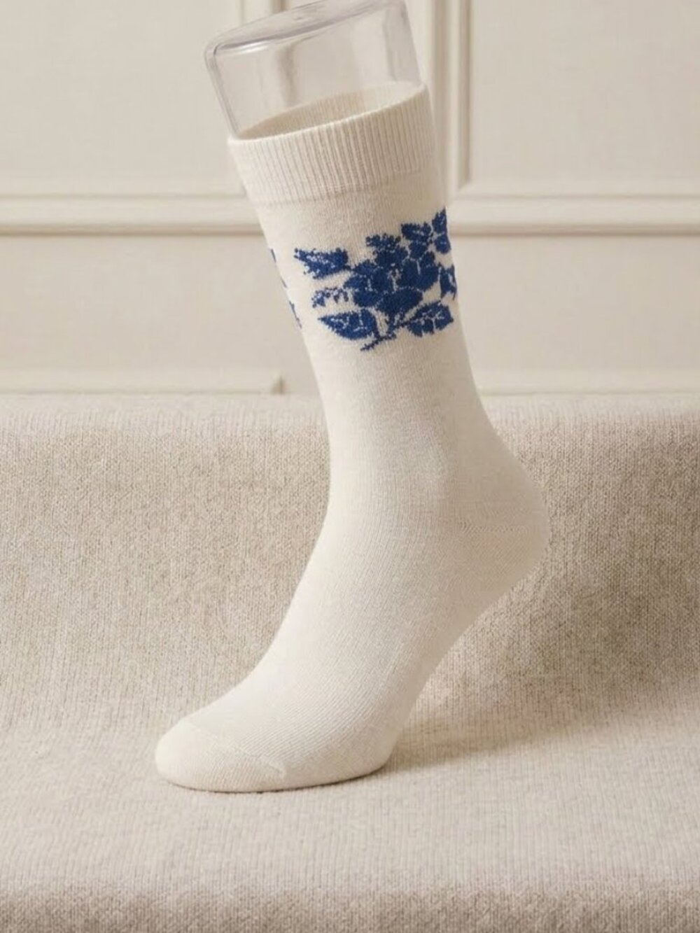 Hansel From Basel Floral Merino Cashmere Crew Socks Ivory Blue